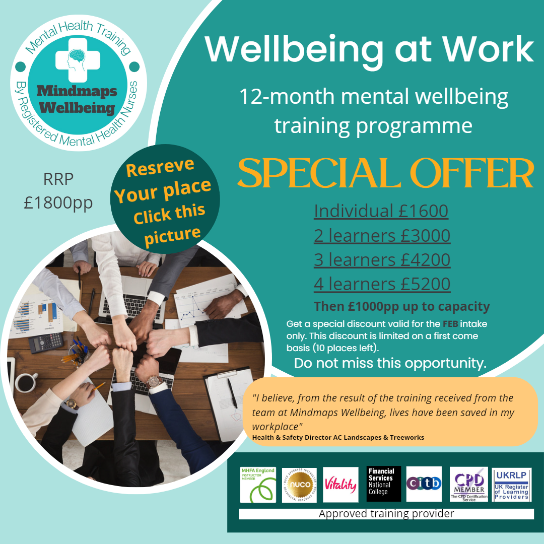 Wellbeing at Work - 12-month mental health training, special offer RRP £1800 reduced to £1600 or £3000 for 2 learners